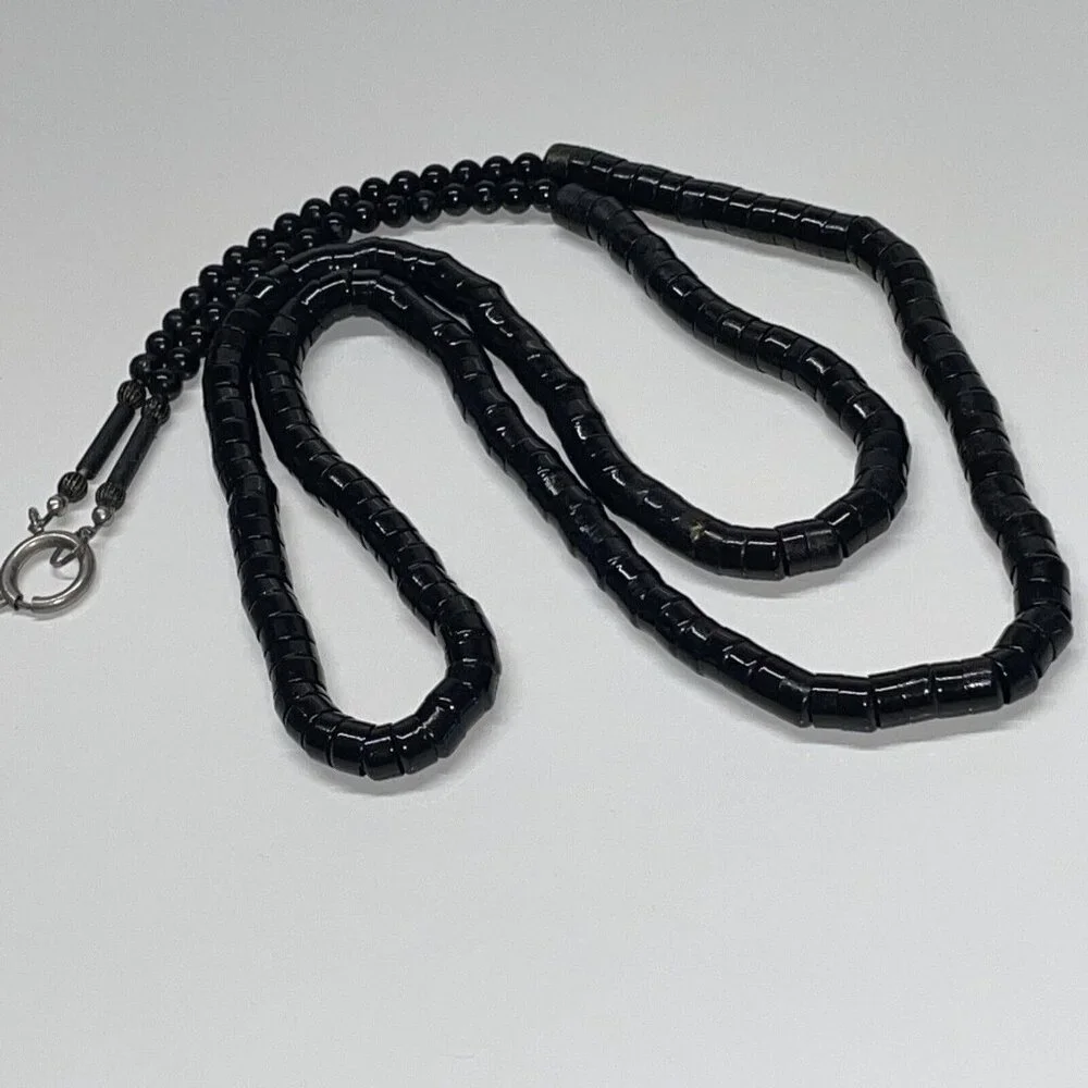 RARE Vintage‎ Black Stacked Snake Beads Long Necklace Unique!   SL17